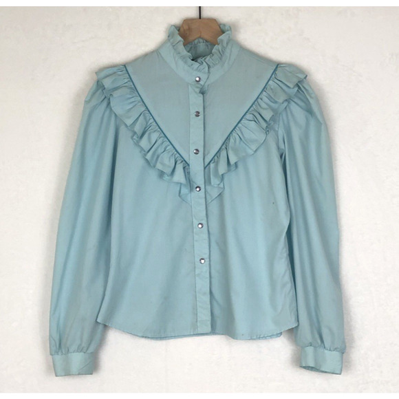 VTG CIRCLE T Western Ruffle Snap Shirt Sz 11 36" Bust Blue Long Puff Sleeve USA - Picture 1 of 9
